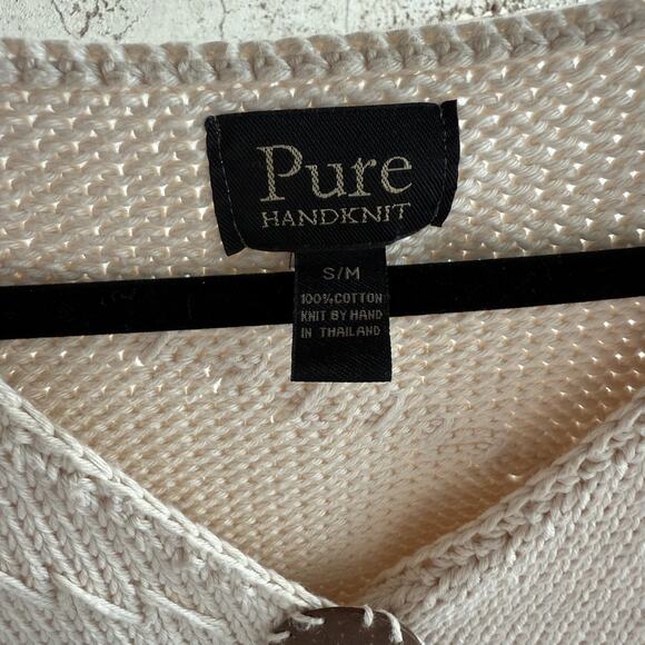 Handknit Cardigan Womens S/M Ivory Cotton Chunky Knit Sweater Oversized Buttons - Picture 6 of 7